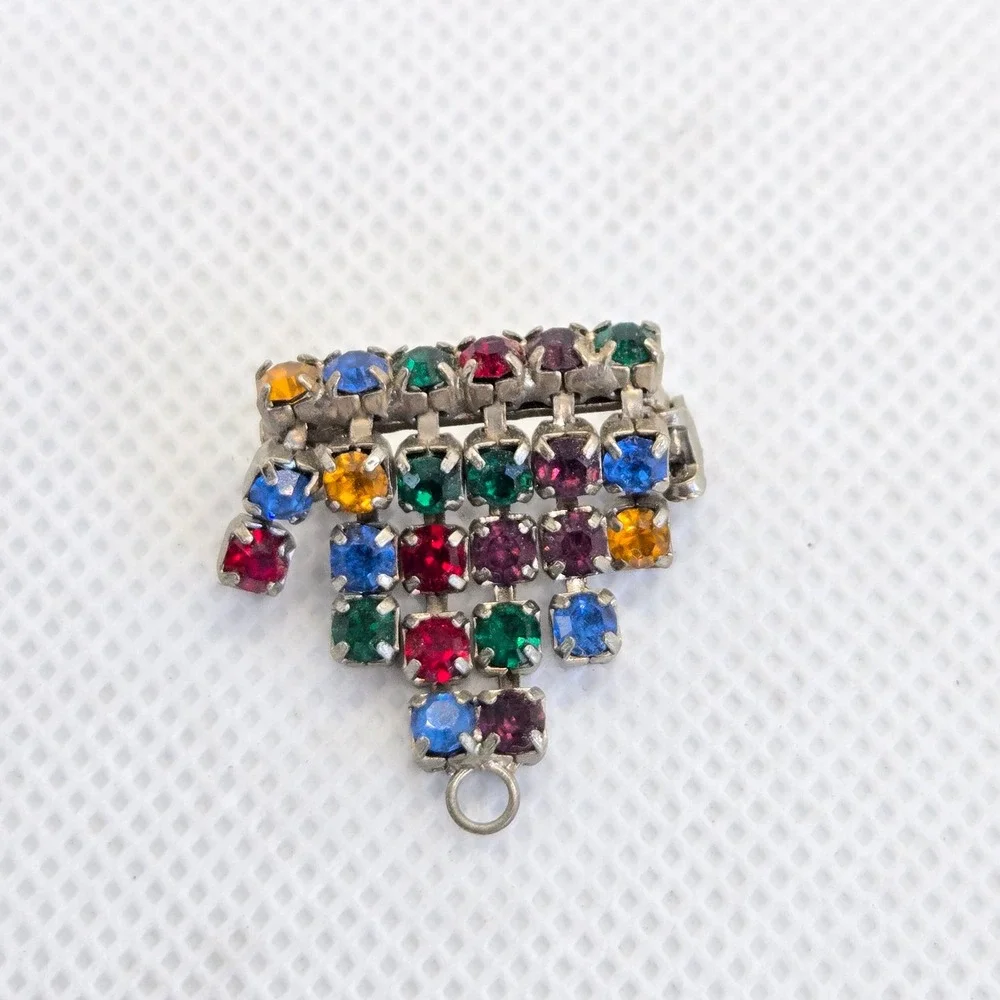 Vintage Multi-Color Rhinestone Dangle Brooch Pin Women OS Silver Swing Retro 1in